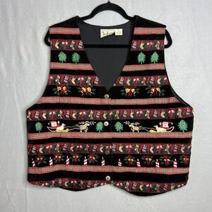 Tantrums Vintage Christmas Vest Size 1X Black Velvet Novelty Embroidered Holiday